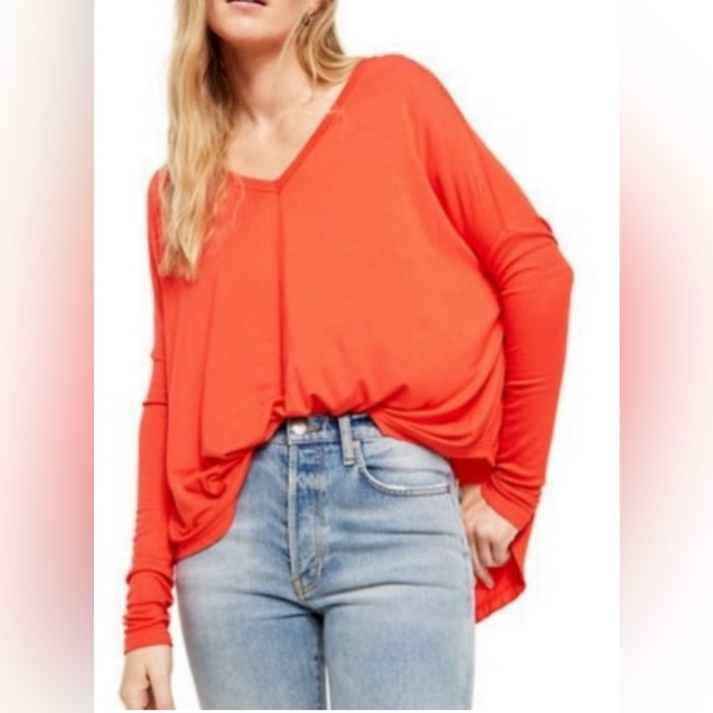 Free People Moonshine Tunic Top  Oversized T Shirt V Neck Coral Long Sleeve  XS